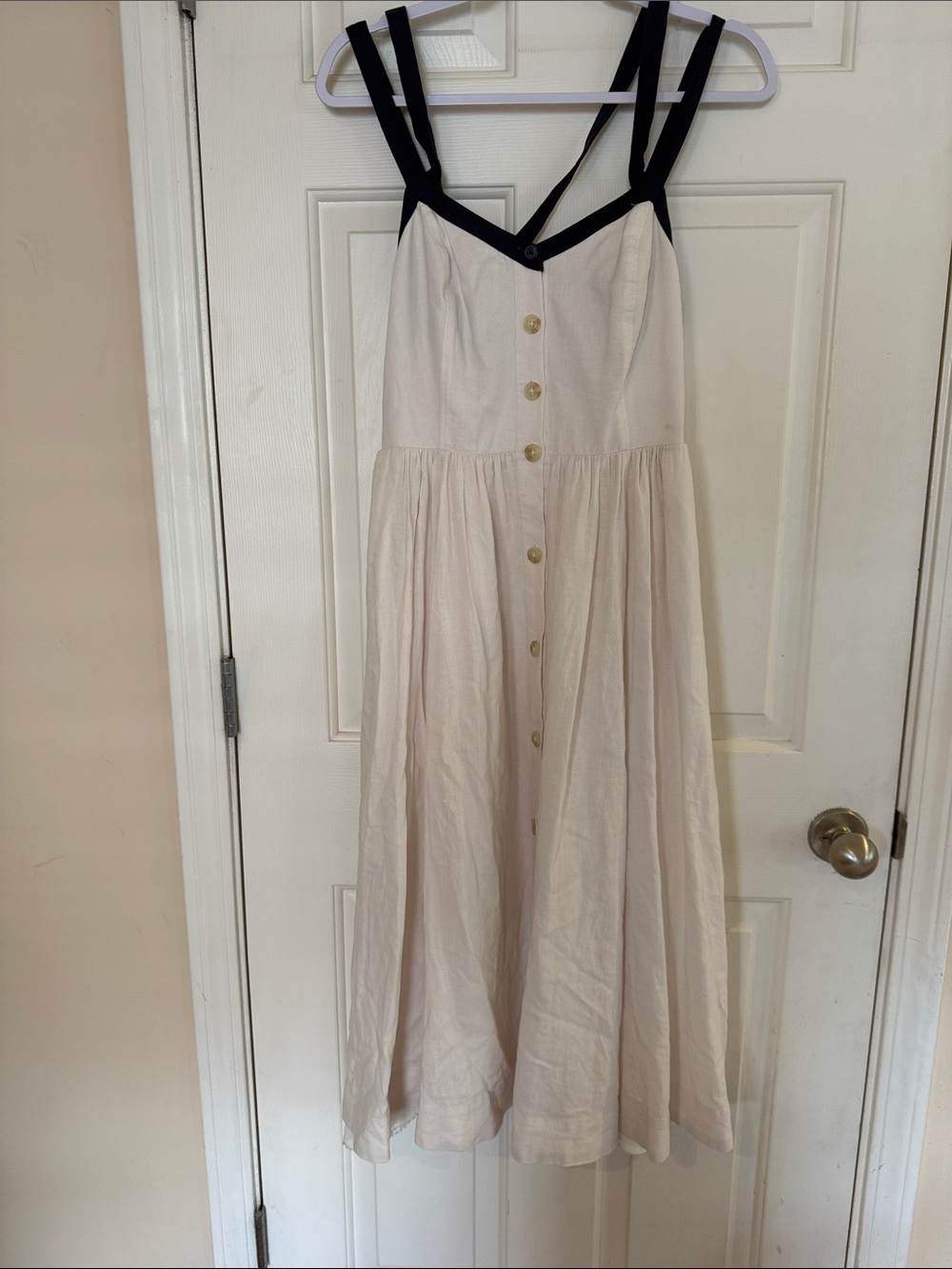 Maeve Anthropologie Summer Cream Midi Dress with Navy Trim Sz 10
